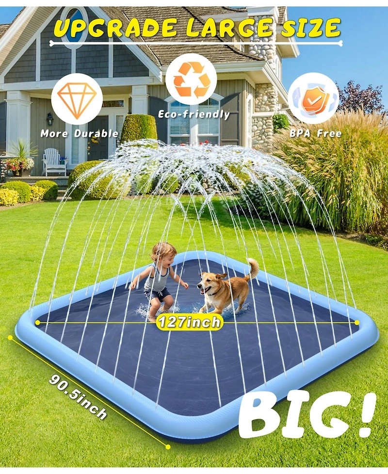 Aofar 90.5" Splash Pad Sprinkler Play Mat Dogs Wading Pool Fountain Pets