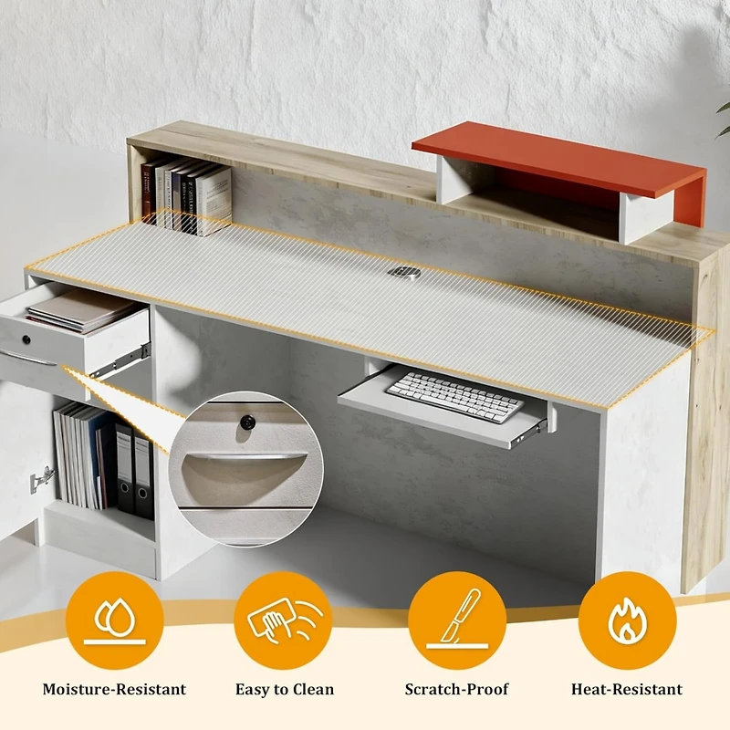 Logicfox Reception Desk with Counter Drawer Keyboard Tray Cabinet and Led Stone Look and Wood