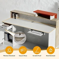 Logicfox Reception Desk with Counter Drawer Keyboard Tray Cabinet and Led Stone Look and Wood