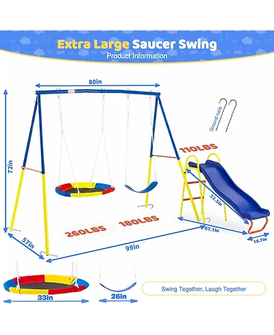 Zeny Swing Sets for Backyard with Kids Slide Outdoor Heavy-Duty Metal Playset 3 in 1 Swing Set with Slide