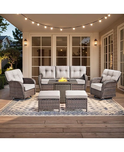 Pocassy 6 Pieces Patio Furniture Set with 30" Fire Pit High Back Outdoor 5-inch Cushions Wicker Swivel Rocker Chairs