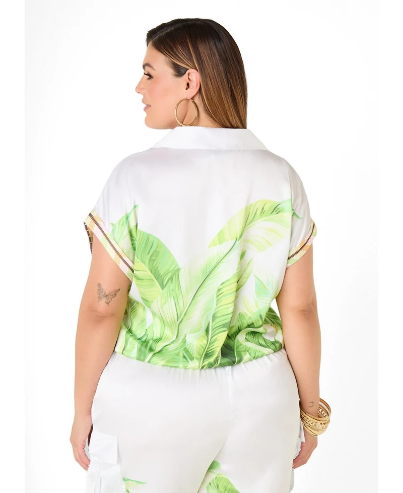Ashley Stewart Plus Palm Print Bubble Women's Crop Top