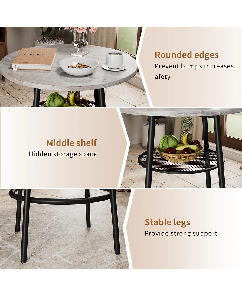 Flynama 3-Piece Round Bar Table Set with 2 Stools, Backrest and Partition, Small 2-Person Dining Set