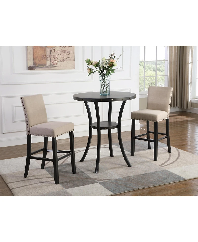 Flynama 3-Piece 36" Round Espresso Bar Table Set with 2 Tan Fabric Nail Head Stools