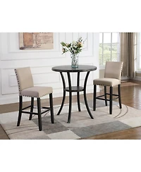 Flynama 3-Piece 36" Round Espresso Bar Table Set with 2 Tan Fabric Nail Head Stools