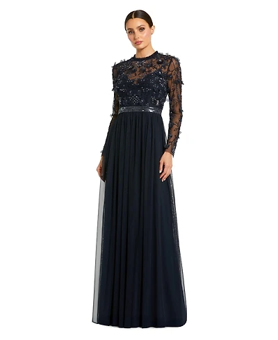 Mac Duggal Women's Embellished Illusion High Neck Long Sleeve Gown