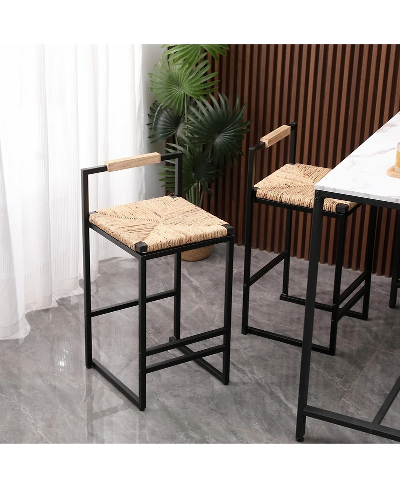 Flynama Set of 2 Water Hyacinth Woven Bar Stools with Back Support