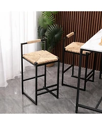 Flynama Set of 2 Water Hyacinth Woven Bar Stools with Back Support