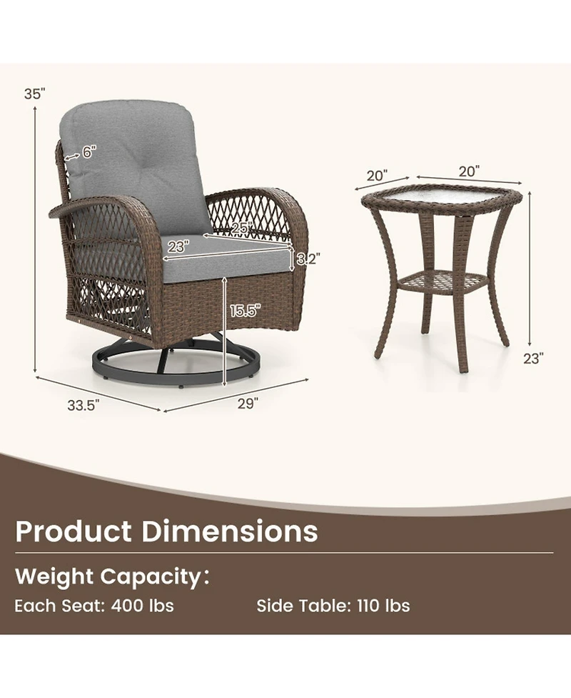 Sugift 3-Piece Patio Swivel Rocker Set with Tempered Glass Side Table and Thick Cushions