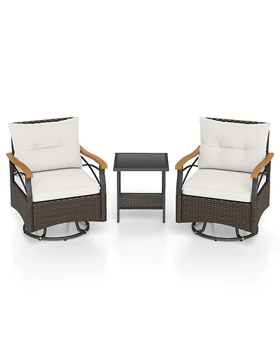 Gouun 3-Piece Outdoor 360-Degree Swivel Chair Set with 2-Tier Glass Side Table