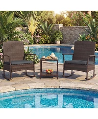 Gymax 3 Piece Patio Rocking Bistro Set 2 Rattan Armchairs w/ 2-Tier Side Table