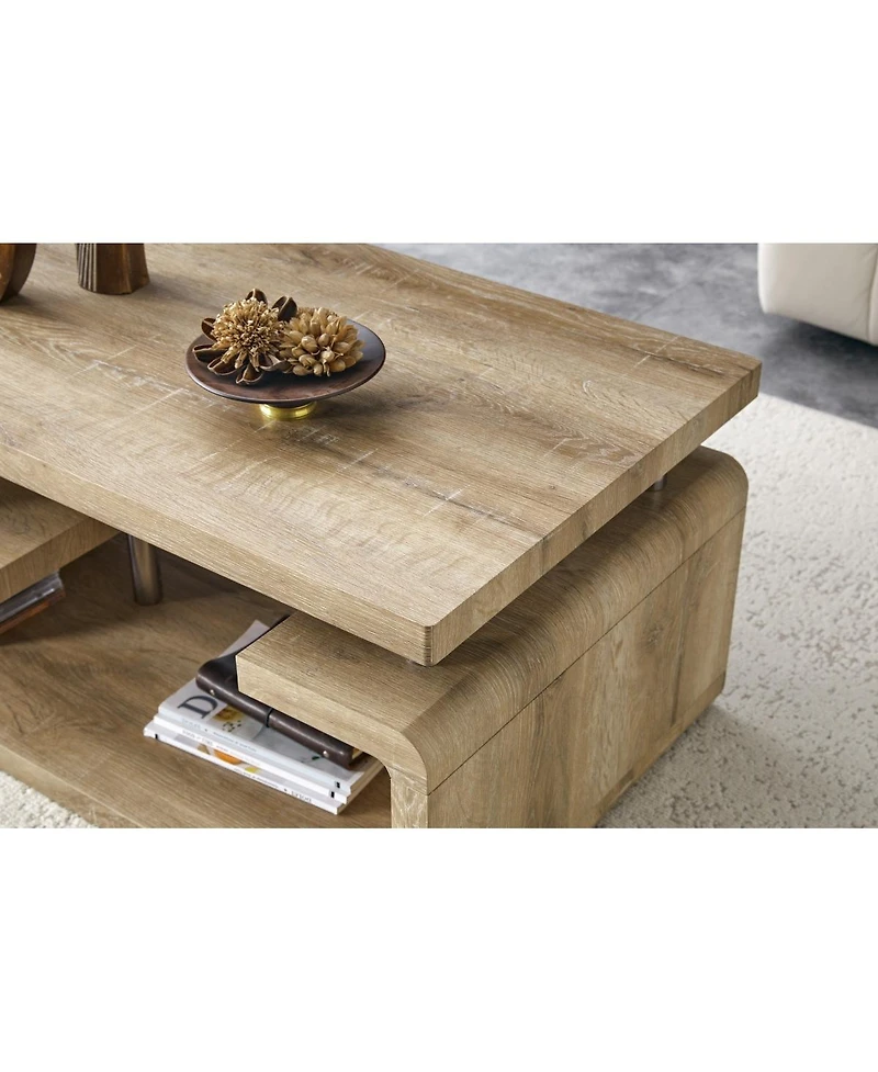 Streamdale Furniture Mdf Coffee Table with Carved Wood Grain and Multi-Storage Compartments