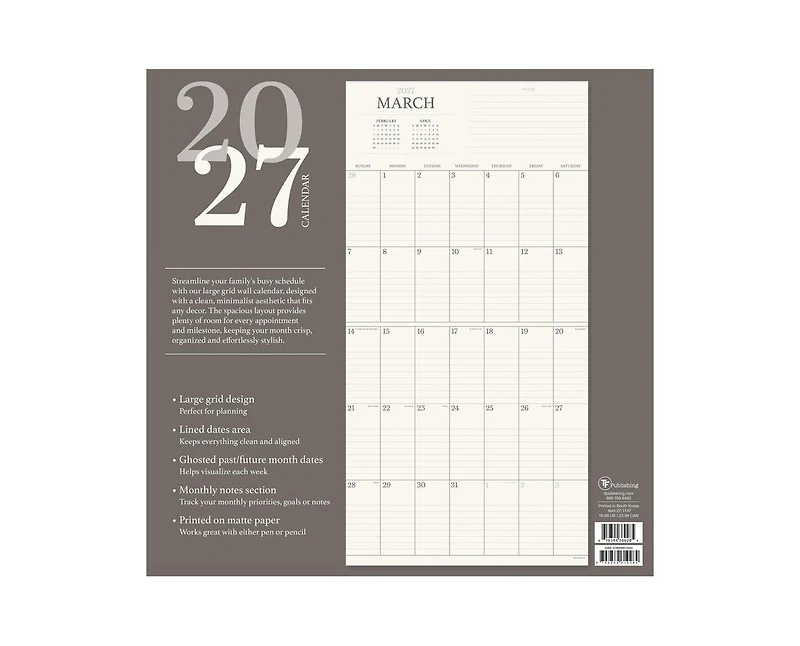 Tf Publishing Paper Goods 2027 Simple Aesthetic Grid Wall Calendar