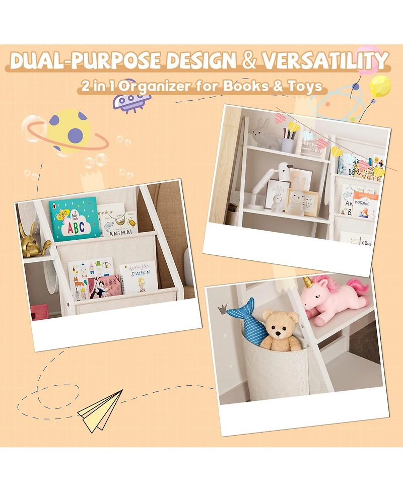 Flynama Montessori Kids Bookshelf Wooden Fabric Combined Anti-Tip Toddler Nursery Book Toy Storage Rack