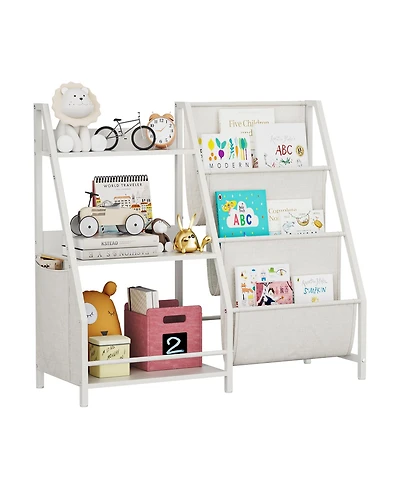 Flynama Montessori Kids Bookshelf Wooden Fabric Combined Anti-Tip Toddler Nursery Book Toy Storage Rack