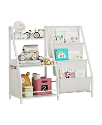 Flynama Montessori Kids Bookshelf Wooden Fabric Combined Anti-Tip Toddler Nursery Book Toy Storage Rack