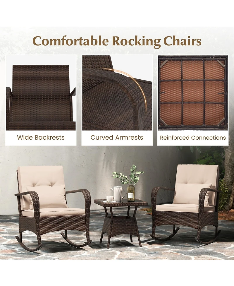 Gymax 3Pieces Outdoor Rocking Set Rattan Rocker Chairs w/ Tempered Glass Coffee Table Wicker Rocker Set