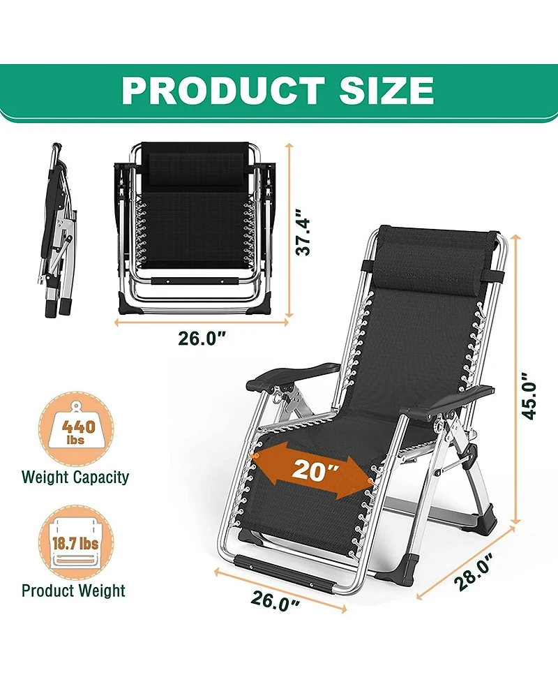 Aboron Zero Gravity Chair, Folding Portable Reclining Lounge Chair with Removable Cushion, Headrest, Patio Lounger for Indoor,Outdoor