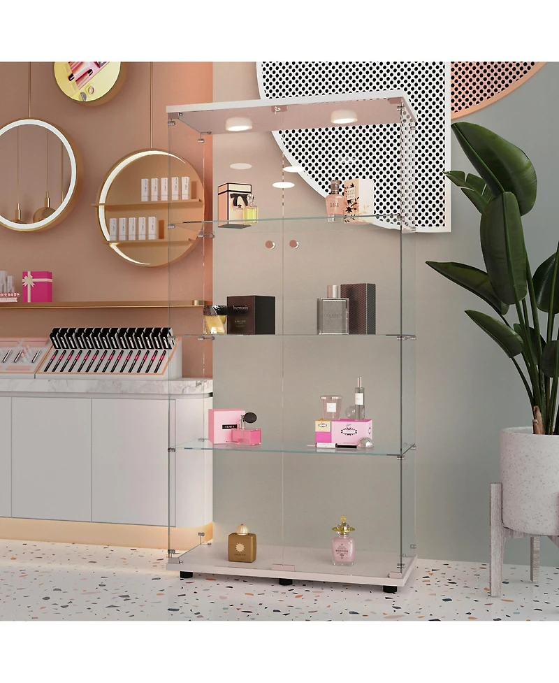 Flynama Tempered Glass Display Cabinet with Remote Control Light and Lockable Casters