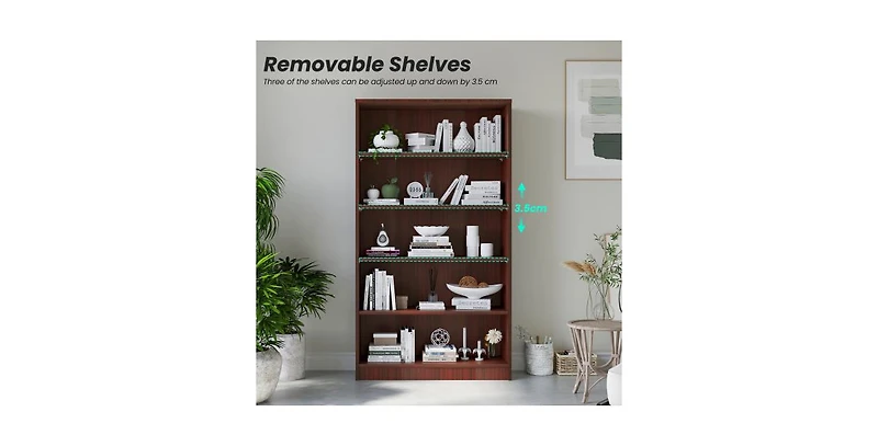Flynama 60 Inch Tall 5-Shelf Adjustable Cherry Wood Bedroom Bookcase