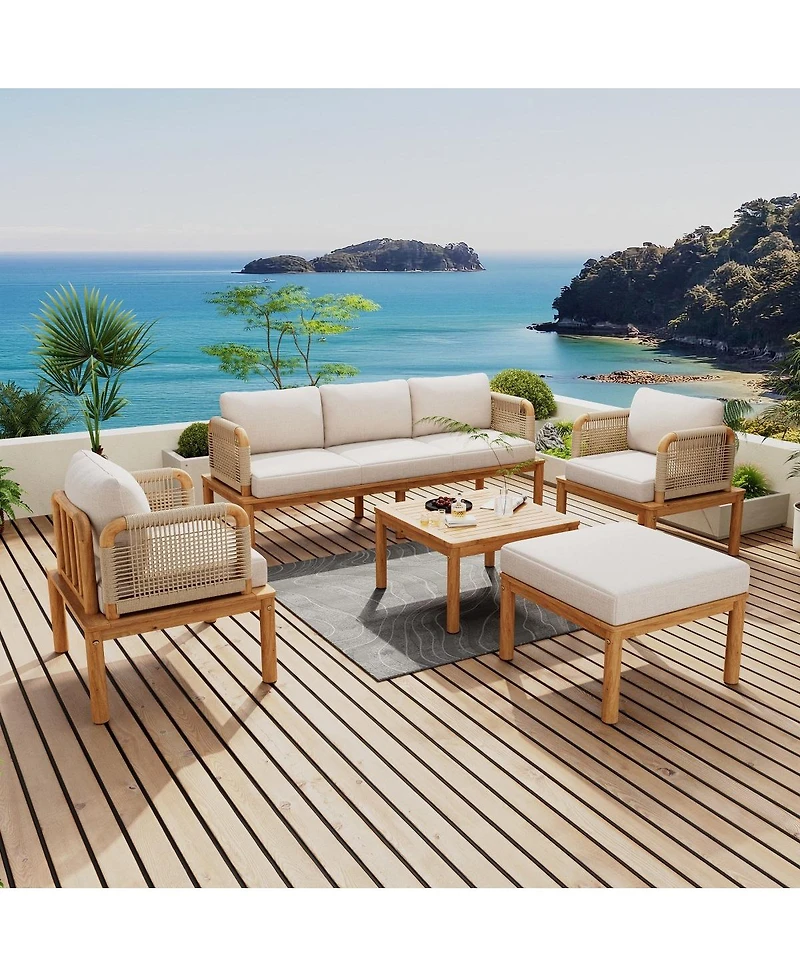 Asagikoiai 5-Piece Acacia Wood Outdoor Conversation Sofa Set with Rope Weave and Waterproof Cushions