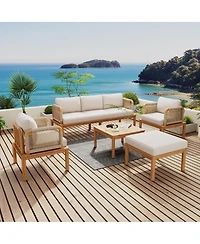 Asagikoiai 5-Piece Acacia Wood Outdoor Conversation Sofa Set with Rope Weave and Waterproof Cushions