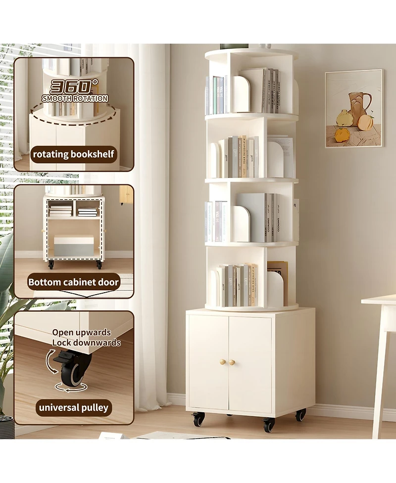 Flynama 5-Tier Rotating Bookshelf with Double Door Drawer, Slim Wooden Corner Storage Cabinet for Home
