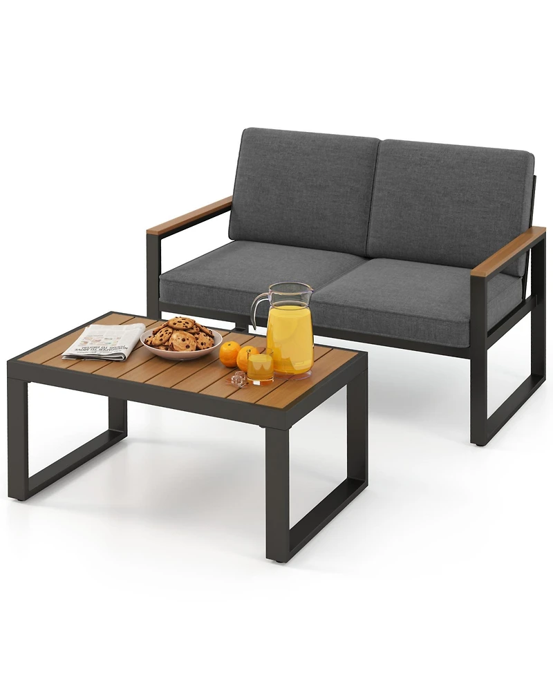Sugift 2-Piece Aluminum Patio Loveseat Set with Wood-Plastic Armrests and Coffee Table