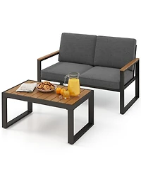 Sugift 2-Piece Aluminum Patio Loveseat Set with Wood-Plastic Armrests and Coffee Table