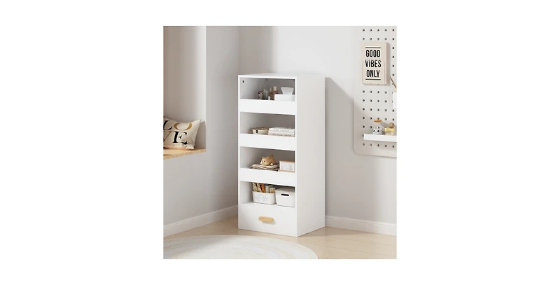 Flynama 4-Tier Bookshelf with Sliding Drawers and Bottom Drawer