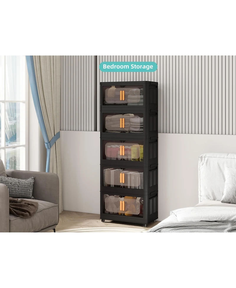 Flynama Folding Storage Cabinet with Wheels 5 Tier Collapsible Organizer