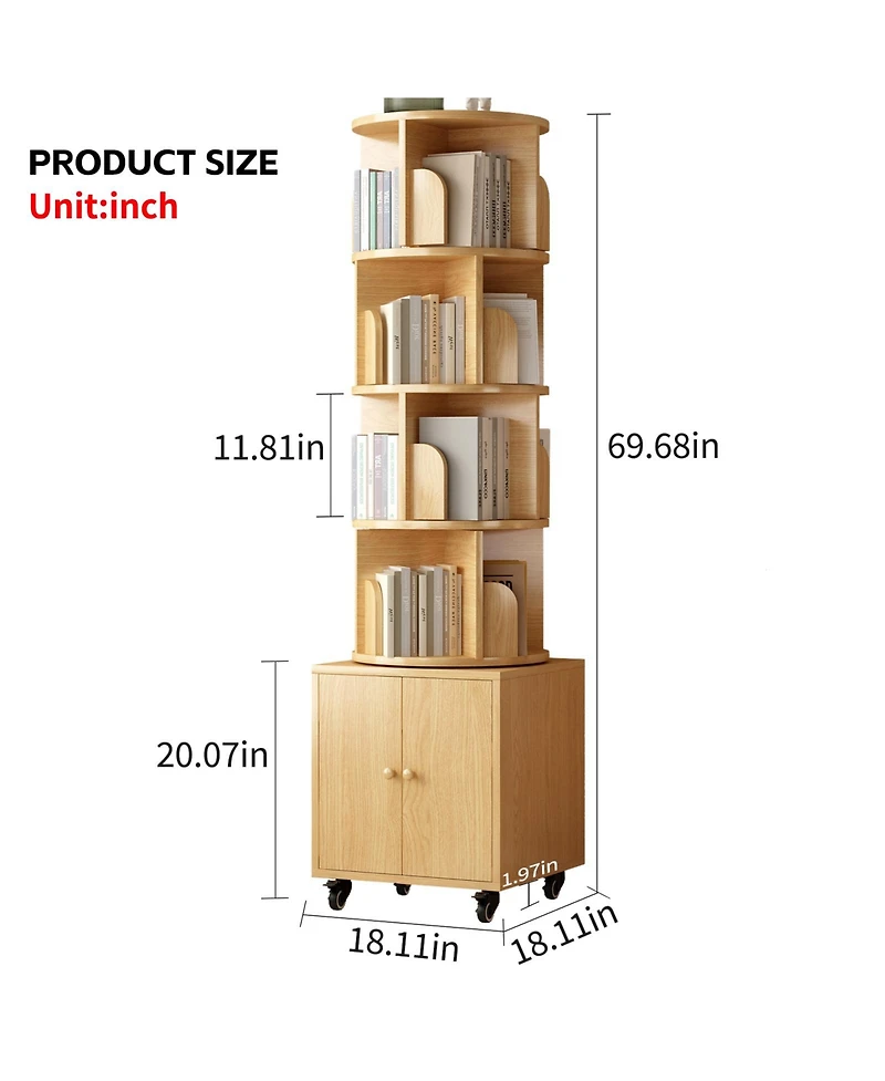 Flynama 5-Tier Rotating Corner Bookshelf with Double Door Drawer, 360 Degree Revolving Wooden Home Storage Rack