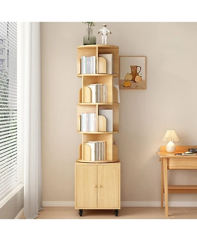 Flynama 5-Tier Rotating Corner Bookshelf with Double Door Drawer, 360 Degree Revolving Wooden Home Storage Rack