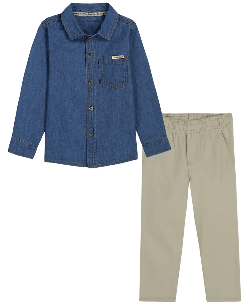Calvin Klein Boys' 2T-7 Long-Sleeve Shirt and Pants, 2-Piece Set