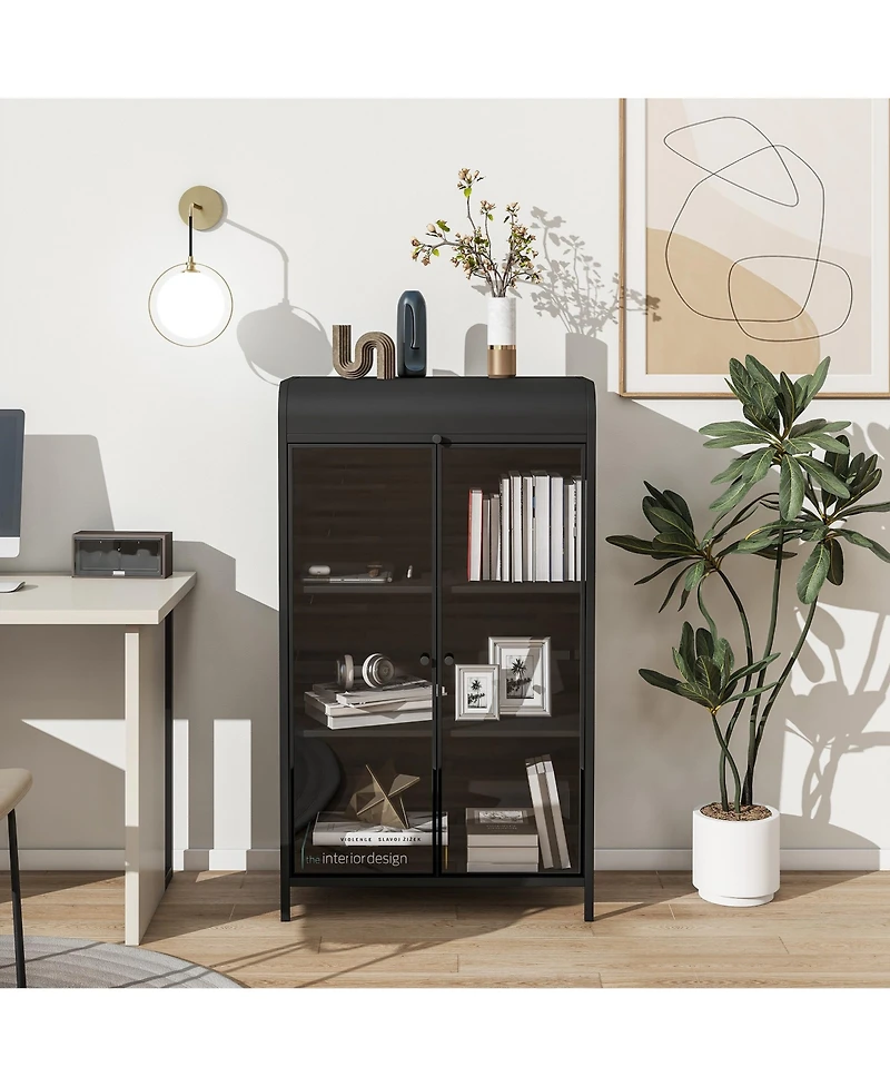 Flynama 47.6 Inch Tall Metal Storage Cabinet with Glass Doors Flip Top 4-Tier Freestanding Sideboard For Multi Room Use