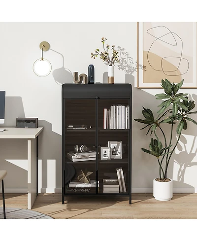 Flynama 47.6 Inch Tall Metal Storage Cabinet with Glass Doors Flip Top 4-Tier Freestanding Sideboard For Multi Room Use