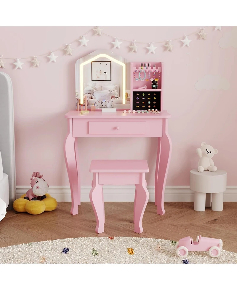 gaomon Toddler Lighted Vanity Set with Stool, 3-8 Years Girls Makeup Table and Pretend Play Set