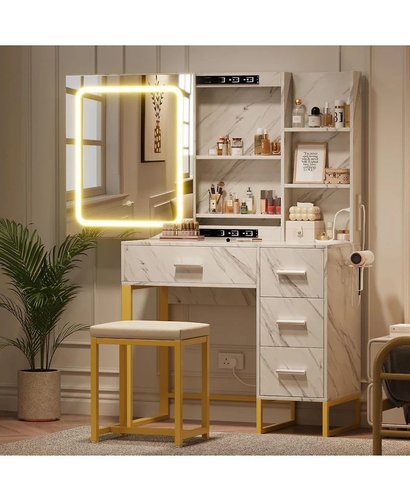 gaomon Marble Lighted Mirror Vanity Desk, 4-Drawer 5-Shelf Makeup Dressing Table