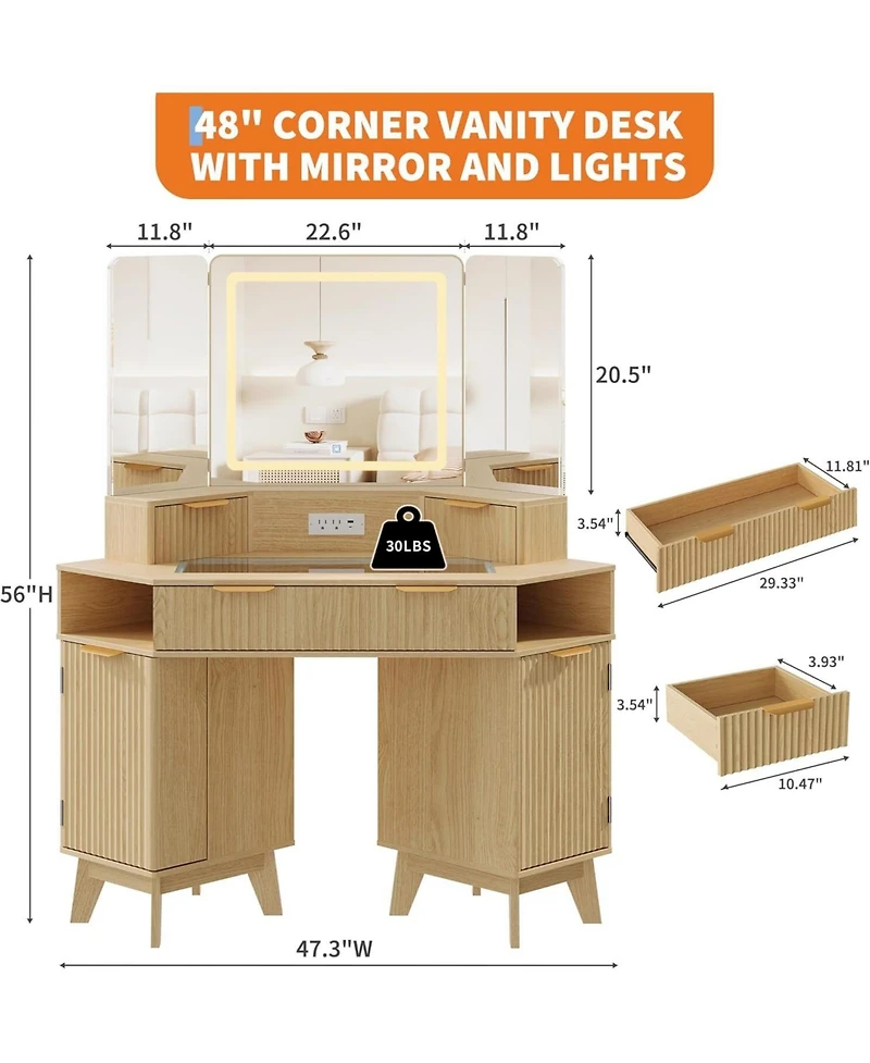 gaomon 48" Almond Fluted Corner Vanity, Lighted Makeup Desk with Triple Mirror System