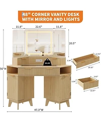 gaomon 48" Almond Fluted Corner Vanity, Lighted Makeup Desk with Triple Mirror System