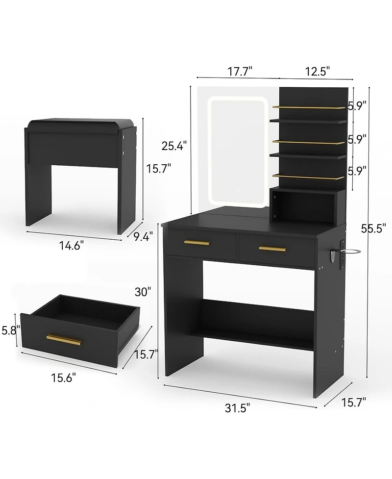 gaomon 2-Drawer Lighted Vanity Set, Makeup Desk with Open Storage Shelves and Led Mirror
