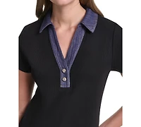 Karl Lagerfeld Paris Petite Collared Short-Sleeve Pull-On Top