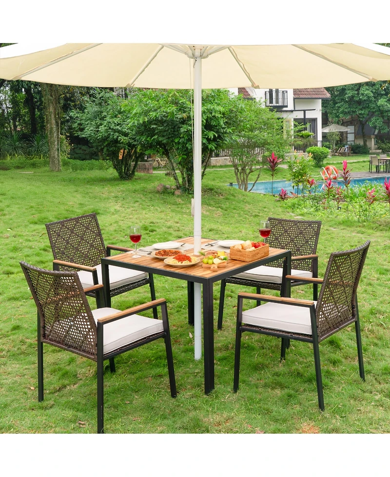 Clihome 5 Piece Outdoor Patio Dining Set Coffee Pe Rattan Chair with Acacia Wood Table Top with Umbrella Hole