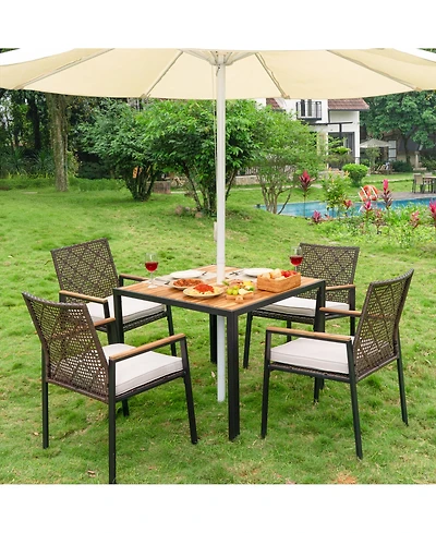 Clihome 5 Piece Outdoor Patio Dining Set Coffee Pe Rattan Chair with Acacia Wood Table Top with Umbrella Hole