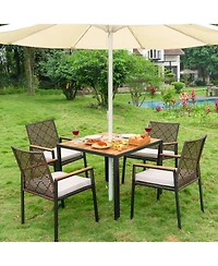 Clihome 5 Piece Outdoor Patio Dining Set Coffee Pe Rattan Chair with Acacia Wood Table Top with Umbrella Hole