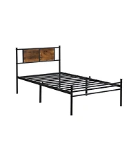Lucky One Twin Size Metal Bed Frame with Wood Panel Headboard, Steel Structure, No Box Spring Needed