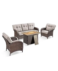 Pocassy 4 Piece Wicker Outdoor Furniture Set with 41" Fire Pit Table, Outside Patio Deep Seating Conversation 5-inch Thick Cushion