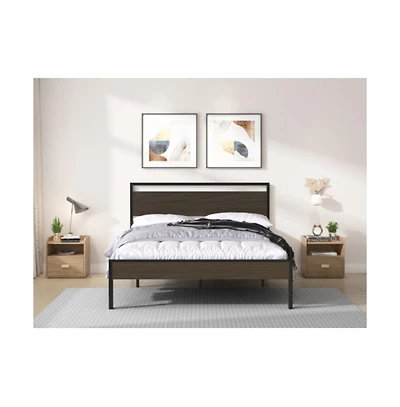 Lucky One Queen Size Ceres Metal Bed with Walnut Wood Headboard and Footboard, Industrial Style, Metal Slats, No Box Spring Needed