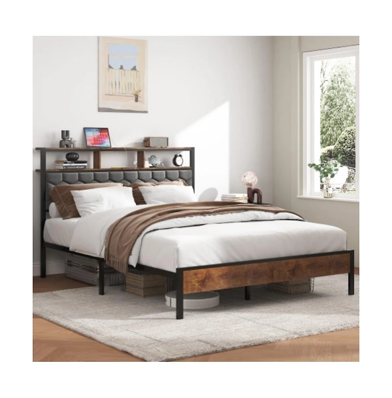 Lucky One Queen Size Wooden Platform Bed Frame with Upholstered Headboard, Usb Charging Station, Under-Bed Storage, No Box Spring Needed