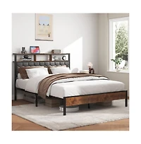 Lucky One Queen Size Wooden Platform Bed Frame with Upholstered Headboard, Usb Charging Station, Under-Bed Storage, No Box Spring Needed
